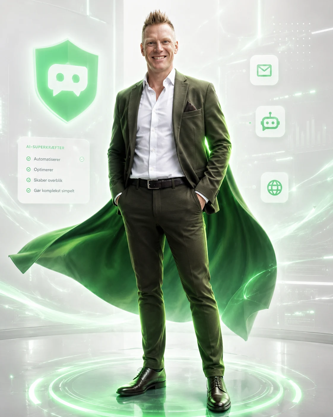 Brian Brandt, manden bag AI Hero, portrætteret som AI-superhelt med grøn kappe
