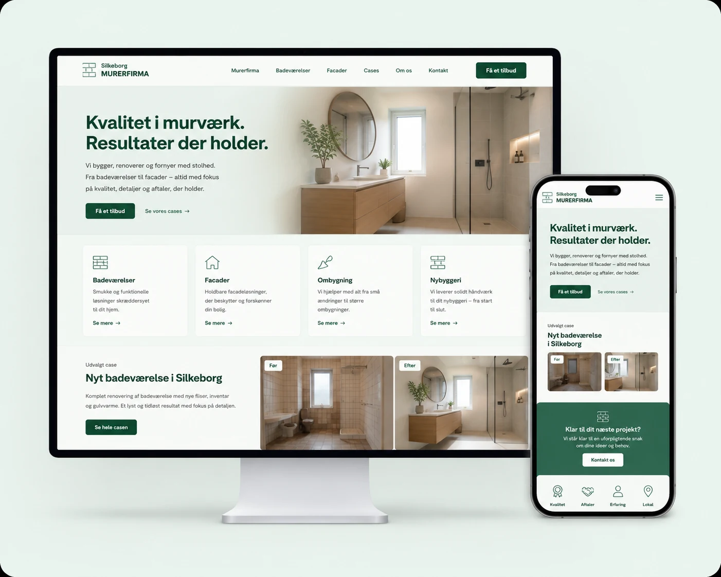 Eksempel på en Hjemmeside+ til et murerfirma, vist på computer og mobil med cases og før/efter-billeder