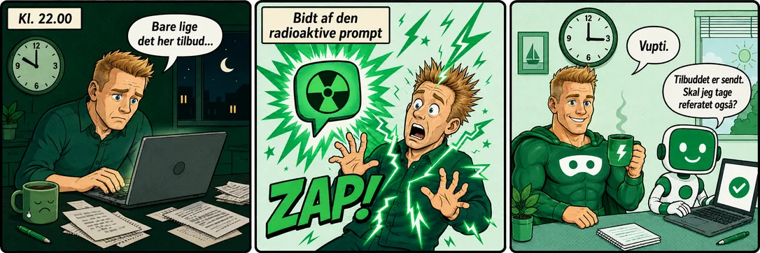 Tegneseriestribe i tre ruder: kl. 22 med et tilbud og kold kaffe, bidt af den radioaktive prompt, og kl. 15 med en AI-kollega der skriver tilbuddet