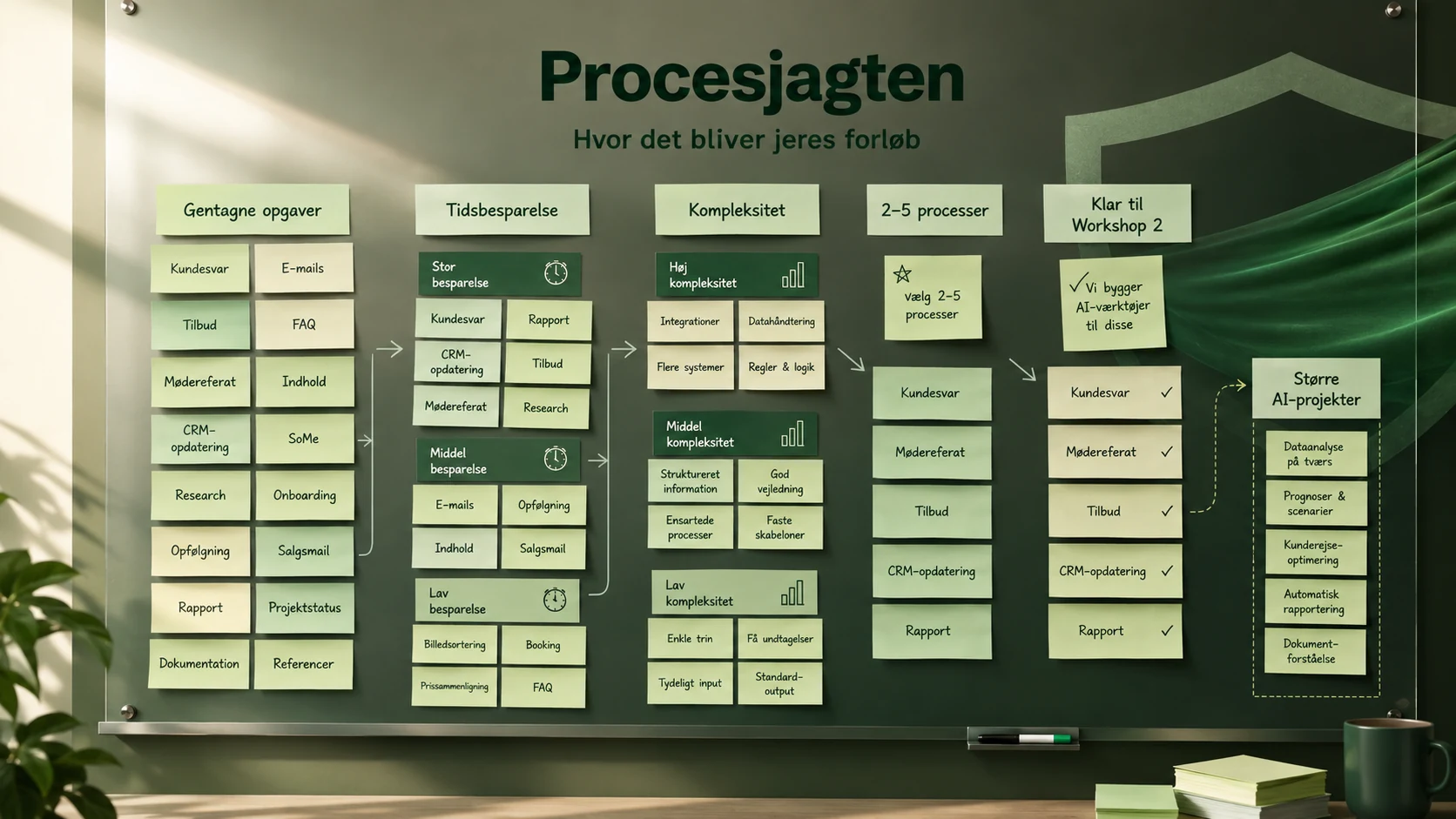Procesjagten på tavlen: gentagne opgaver sorteres efter tidsbesparelse og kompleksitet, hver deltager vælger 2–5 processer til Workshop 2, og større AI-projekter samles til ledelsen